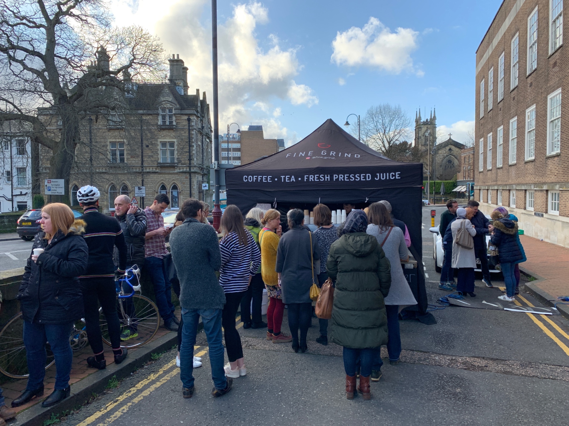 Queue outside a Fine Grind coffee tent in Tunbridge Wells town centre